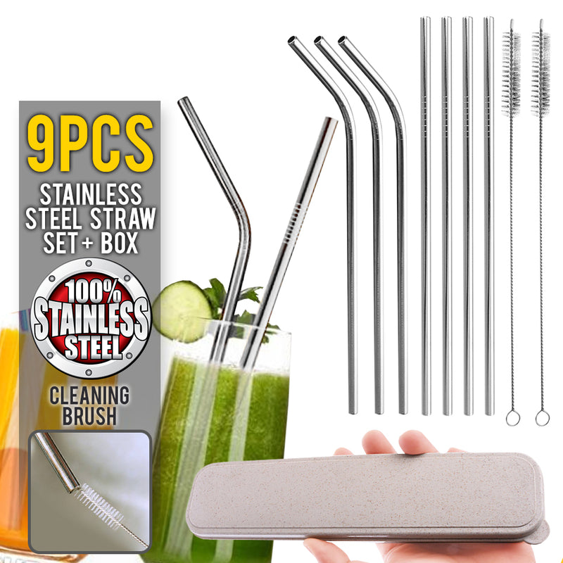 idrop 9PCS Stainless Steel Straw Drinking Set + Portable Carry Box Container
