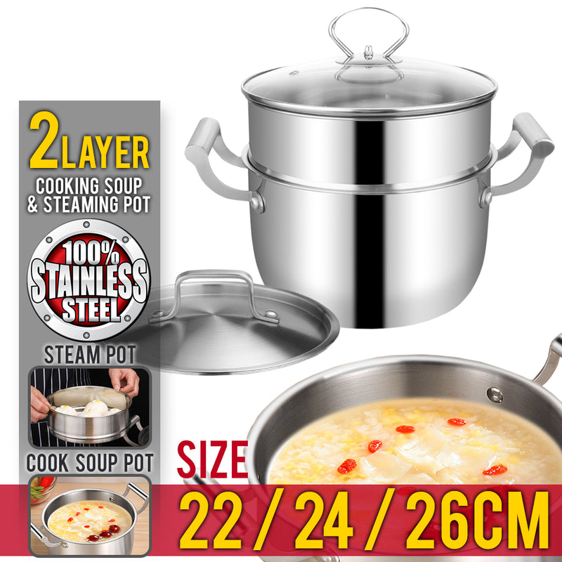 idrop 2 Layer Stainless Steel Kitchen Cooking Soup & Steaming Pot [ 22cm / 24cm / 26cm ]