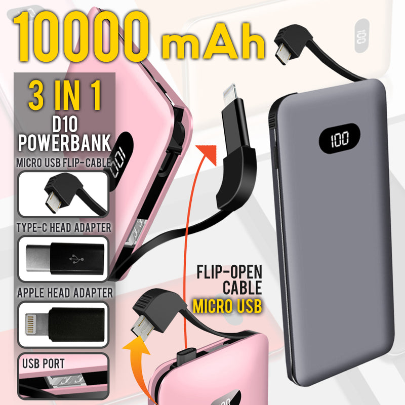 idrop D10 10000mAh Powerbank - 3 IN 1 Interchangeable Charging Adapter Head for [ Micro USB / Type-C / Apple Device ]