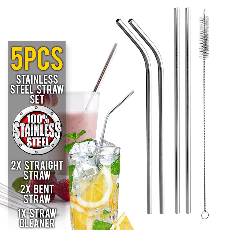 idrop 5pcs Stainless Steel Straw Set [ 2 Straight Straw + 2 Bent Straw + 1 Straw Cleaner ]