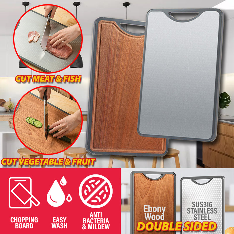 idrop Double Sided Kitchen Cutting Board Ebony Wood + SUS316 Stainless Steel Antibacterial & Mildew Proof / Papan Pemotong Keluli Tahan Karat dan Kayu / 中号方形乌檀木+SUS316不锈 钢双面菜板(带磨刀器 )(39CM*26CM*2CM)(双面新时 代)
