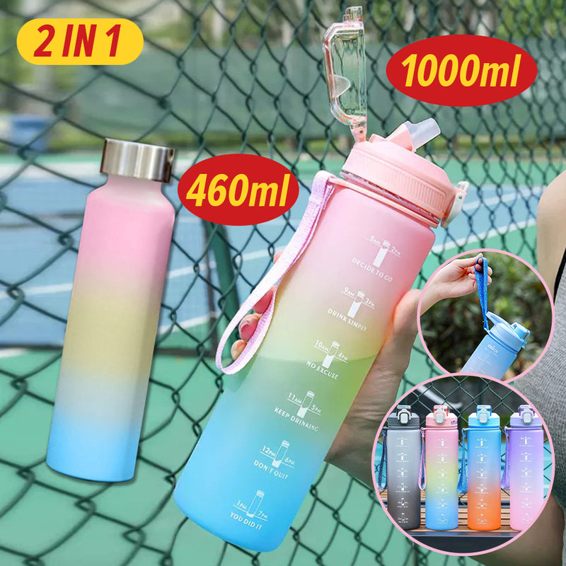 idrop [ 2 IN 1 ] Gradient Color Drinking Water Bottle Set [ 1000ml + 460ml ] / Set Botol Minuman Warna Warni  2 Dalam 1