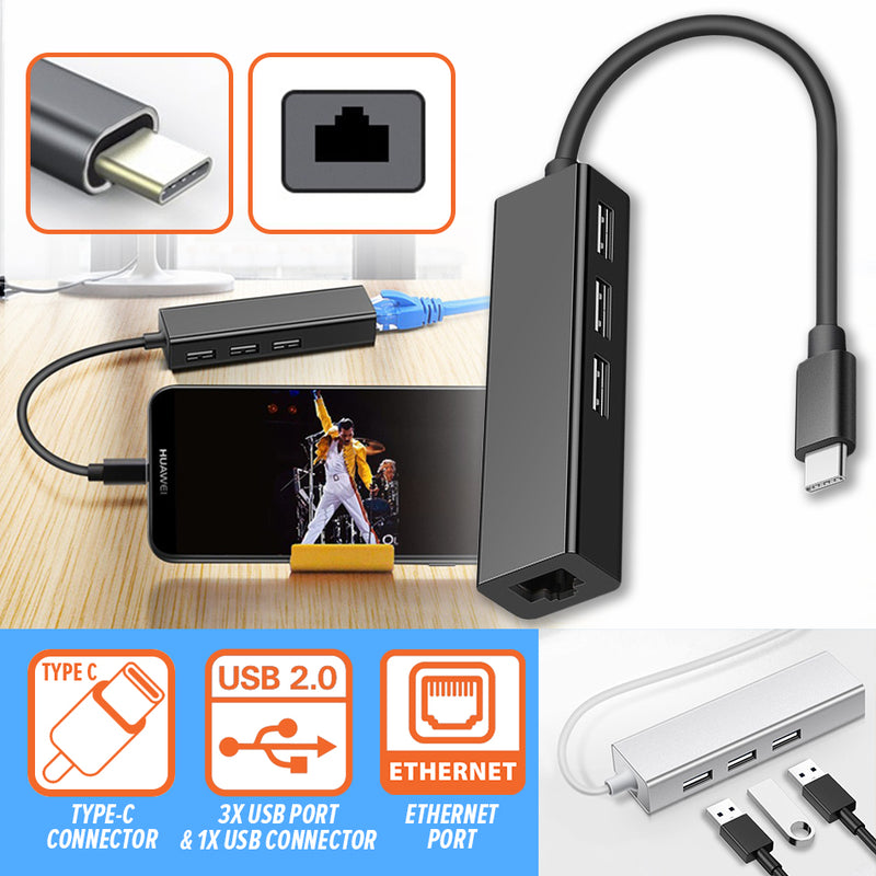 idrop 1 Port Type-C USB to Ethernet Cable & 3 USB 2.0 Port Cable Hub