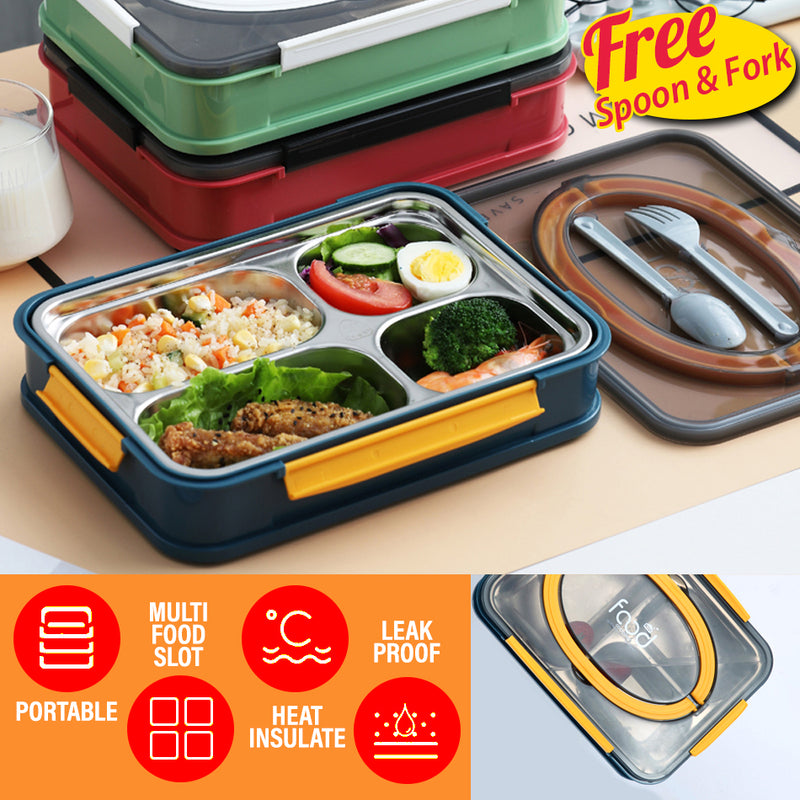 idrop Portable Leakproof Food Eating Lunchbox with Heat Insulation Inner Stainless Steel 4 Compartment Food Plate [ FREE SPOON & FORK ]