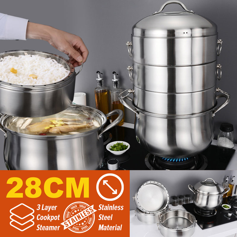 idrop 28CM 3 Layer Multilayer Stainless Steel Kitchen Steamer Cooker