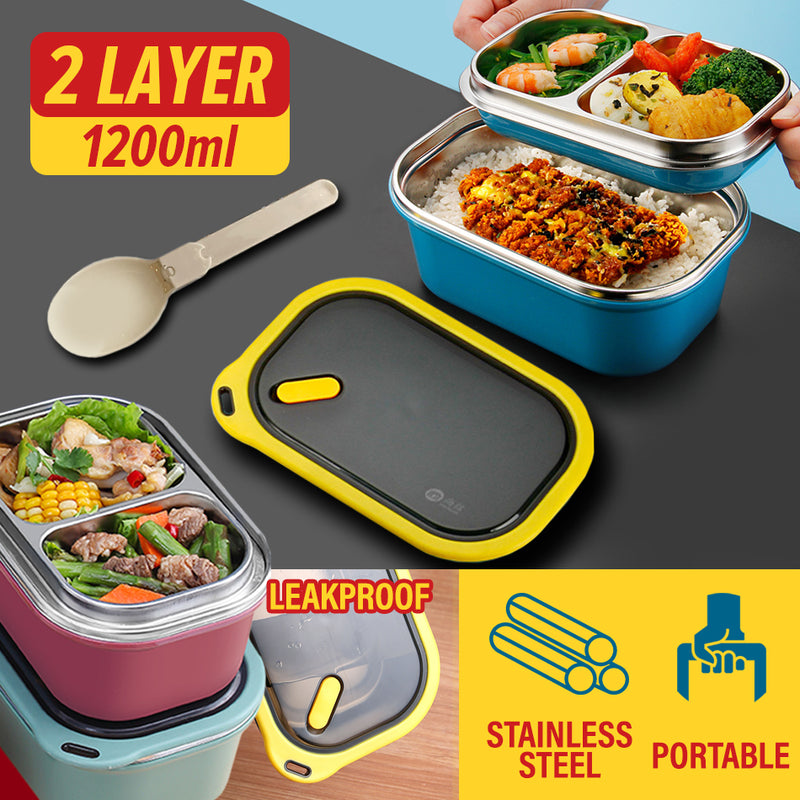 idrop [ 1200ml ] Double Layer SUS304 Stainless Steel Lunch Box / Bekas Makanan 2 lapis / 双层不锈钢带格饭盒 (304) [ FREE SPOON ]