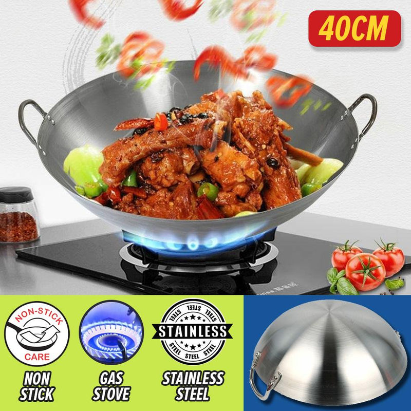 idrop [ 40CM ] Stainless Steel Double Ear Kitchen Cooking Wok / Kuali Periuk Memasak Keluli Tahan Karat / 不锈钢双耳厨房炒锅