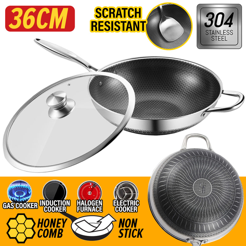 idrop 36CM SUS304 Stainless Steel Nonstick Honeycomb Frying Cooking Wok