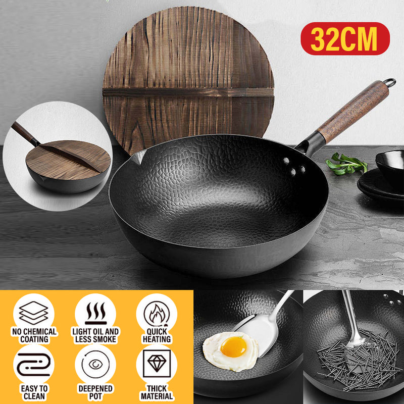 idrop [ 32CM ] Uncoated Pure Iron Kitchen Single Handle Cooking Wok with Wood Cover / Periuk Kuali Memasak Bersama Penutup Kayu / 32CM无涂层纯铁单柄炒锅带木 盖