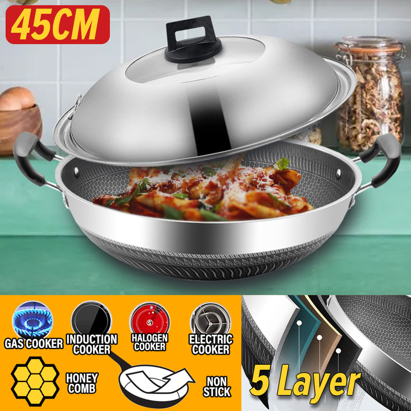 idrop [ 45CM ] Nonstick Honeycomb Kitchen Cooking Wok with Lid Cover / Kuali Masak Tidak Lekat & Penutup Kuali / 45CM双耳不粘炒锅(组合盖 )(304)(厨得乐GDL/COOKWARE)