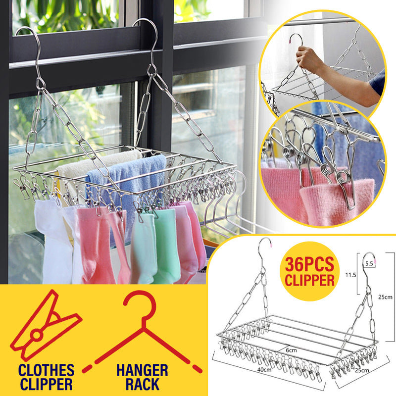 idrop [ 36Pcs Clipper ] Stainless Steel Clothing Laundry Railing Shelf Rack
