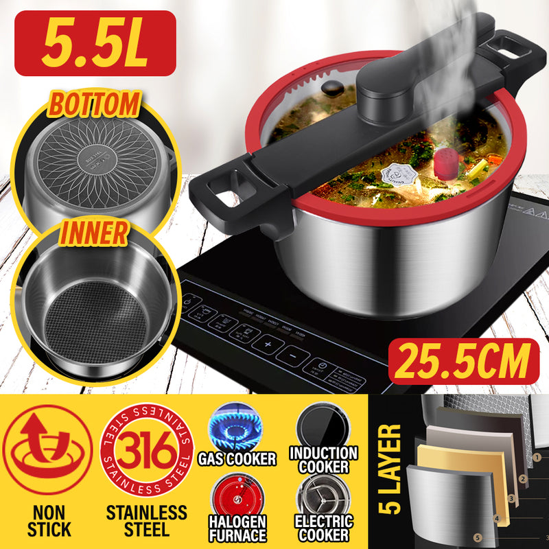idrop [ 5.5L ] 25.5CM Stainless Steel Micro Pressure Non Stick Cooking Soup Pot Cooker