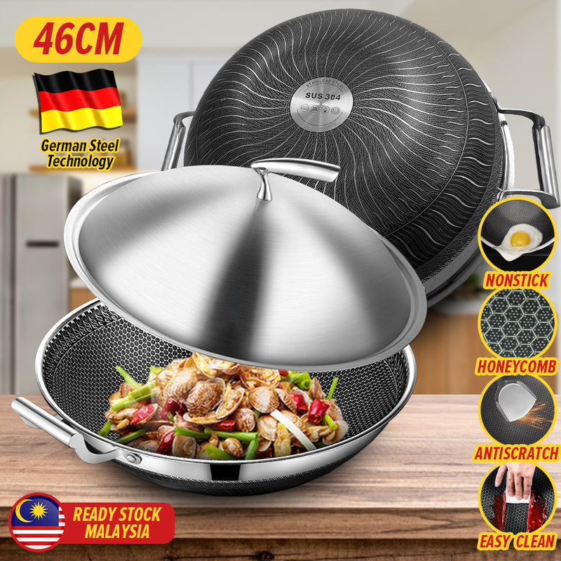 idrop 46CM SUS304 Stainless Steel Kitchen Non Stick Honeycomb Cooking Frying Wok with Lid Cover / Kuali Masak Keluli Tahan karat Bersama Penutup / 46CM SUS304不锈钢厨房不粘蜂窝烹饪炒锅带盖