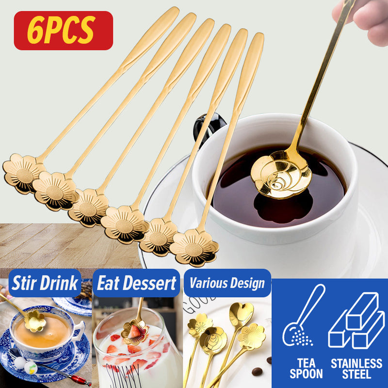 idrop [ 6pcs ] Golden Color Long Handle Floral Teaspoon / Sudu Teh Panjang / (6P/SET)长柄小茶匙(金色)