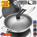 idrop [ 32CM / 34CM ] Stainless Steel SUS316 Frying Cooking Cook Wok with Glass Lid Cover / Kuali Masak Keluli Tahan Karat Bersama Penutup Kaca / 32CM 34CM不锈钢SUS316煎炒炒锅带玻璃盖