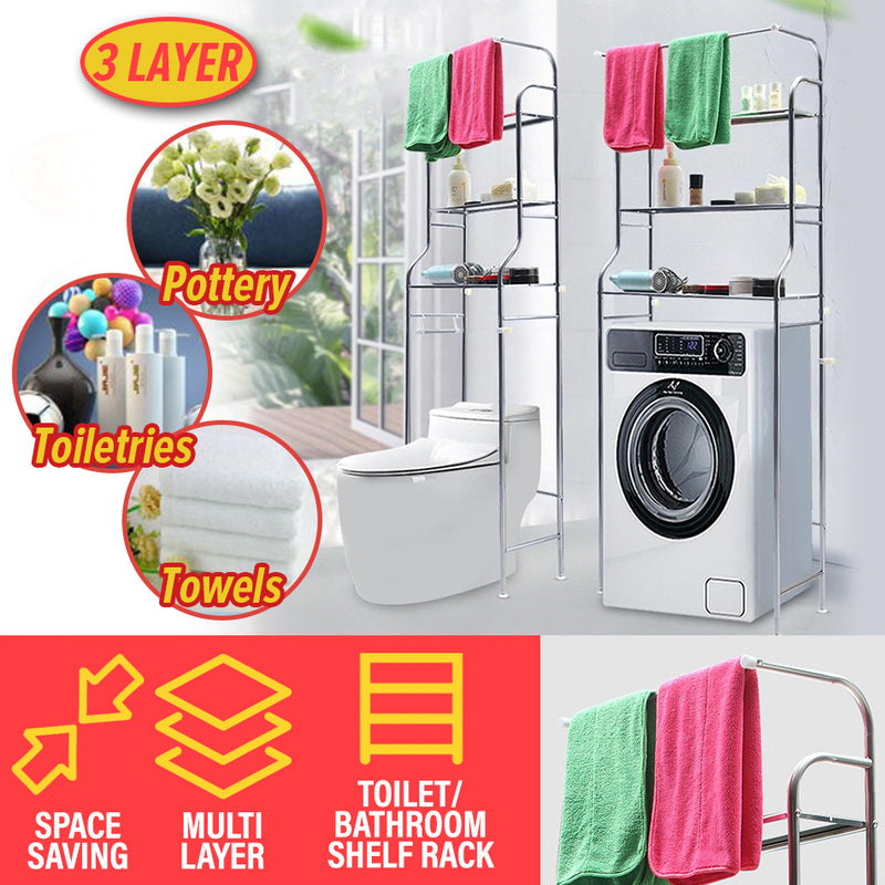 idrop [ 3 LAYER ] Steel Washing Machine Laundry Rack Shelf for Toilet & Bathroom / Rak Keluli Mesin Basuh Tandas dan Bilik Air / 洗衣机三层带毛巾杆不锈钢