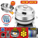 idrop [ 34CM / 40CM ] Kitchen SUS316 Stainless Steel Cooking & Steaming Nonstick Honeycomb Wok & SUS304 Steamer / Kuali periuk Memasak dan Stim / (KATA)鸿运驰新(内外蜂窝)加蒸格34CM/40CM双耳玻璃组合盖 316炒锅