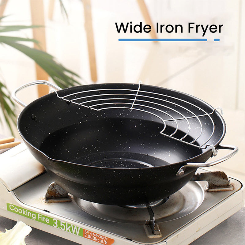 idrop [ 28CM ] Japanese Style Wide Iron Deep Frying Pan with Draining Rack / Kuali Memasak / 日式宽铁煎锅带沥水架