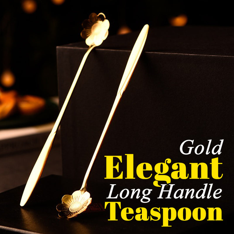 idrop [ 6pcs ] Golden Color Long Handle Floral Teaspoon / Sudu Teh Panjang / (6P/SET)长柄小茶匙(金色)