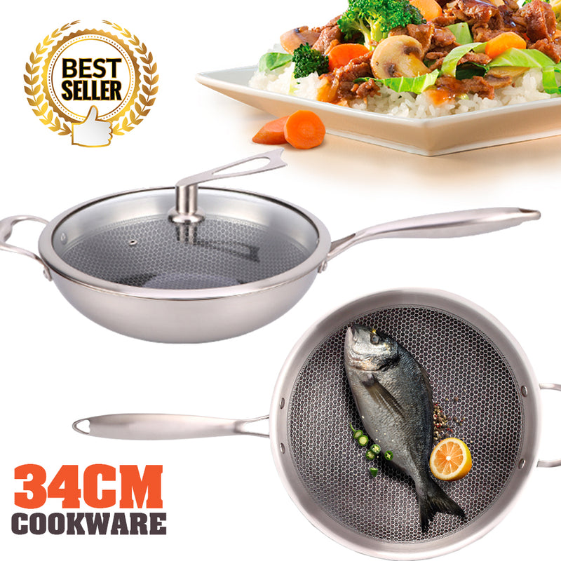 idrop 34CM COOKING PAN WOK - Kitchen Stainless Steel Cookware