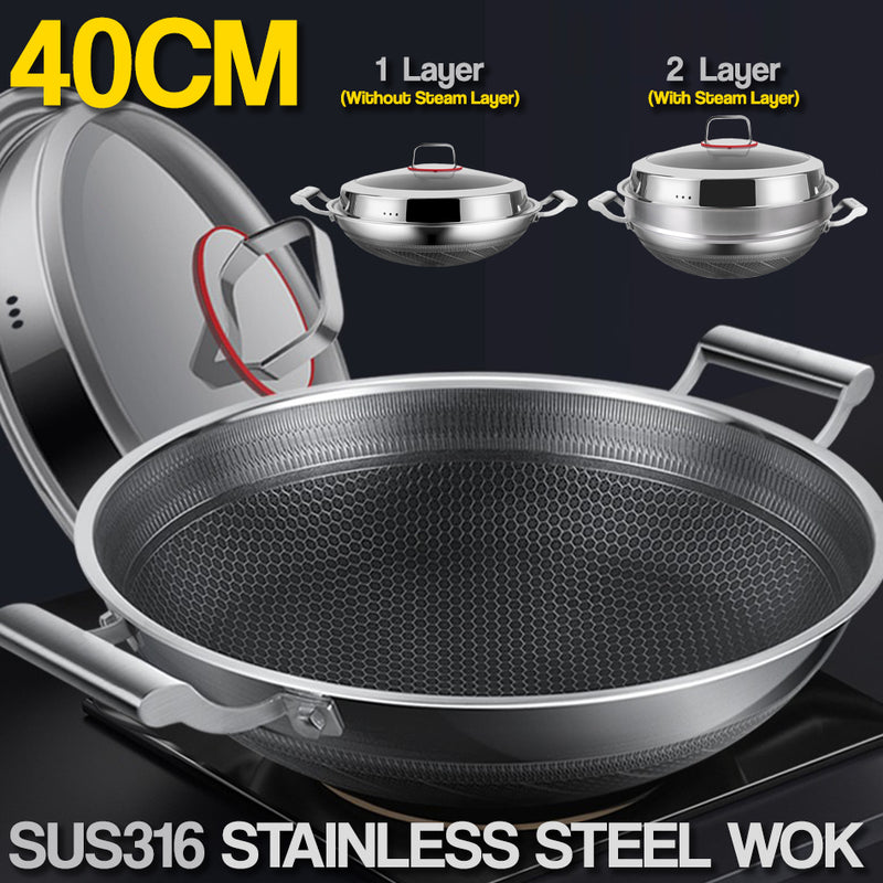 idrop [ 40CM ] 2 Layer SUS316 Stainless Steel Nonstick Cooking Wok and SUS304 Steamer / Kuali Memasak dan Stim / 2层SUS316不锈钢不粘锅和SUS304蒸锅
