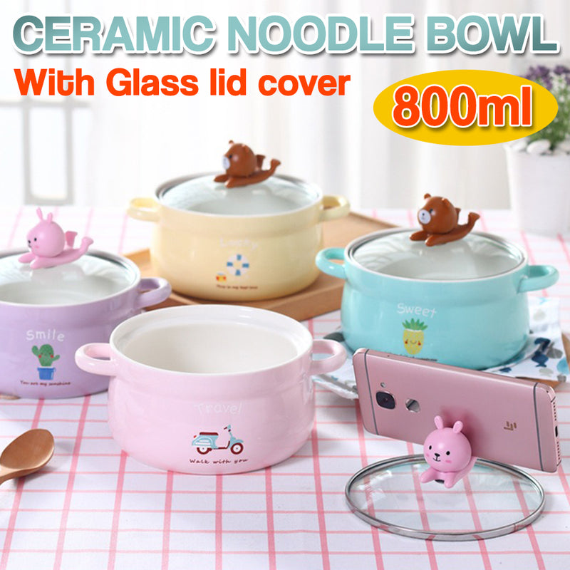idrop [ 800ml ] 15CM Ceramic Noodle Bowl with Lid Cover Smartphone Holder / Mangkuk Mee Seramik 15CM dengan Penutup Kaca / 萌趣手机支架陶瓷面碗(15CM)