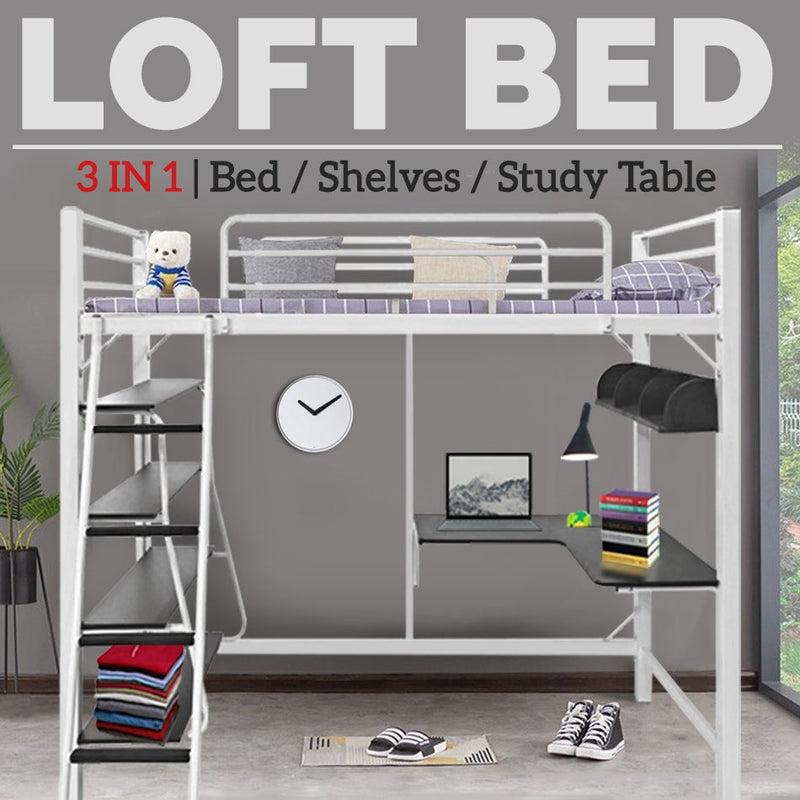 idrop [ 3 IN 1 ] Loft Bunk Bed Frame with Study Table & Book Shelves [ Single Bed ] [ WHITE ]