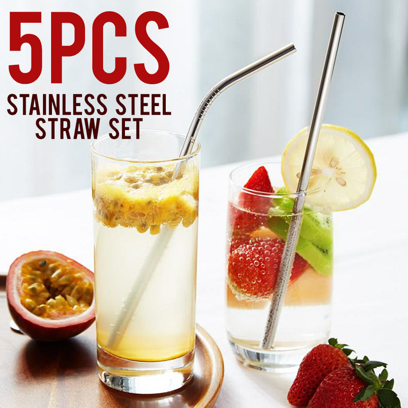 idrop 5pcs Stainless Steel Straw Set [ 2 Straight Straw + 2 Bent Straw + 1 Straw Cleaner ]