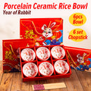 idrop [ 6PCS ] CNY Chinese New Year of Rabbit Ceramic Rice Bowl Set with Chopsticks [ Dazhan Hong Rabbit ] / Set Mangkuk Seramik & Chopstick Tahun Baru Cina Tahun Arnab / 陶瓷套装(兔) 大展宏兔6碗6筷陶瓷套装(吉祥福兔)CNY
