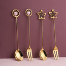 idrop [ 2PCS ] Circle & Star Gold Stainless Steel SUS304 Spoon & Fork Utensil Set / Set Sudu Garfu Keluli Tahan Karat Warna Emas  / 304星星叉子星星勺子圆型叉子圆型勺子