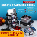 idrop [ 600ml + 1400ml + 2800ml ] SUS316 Stainless Steel Antibacterial Rectangle Food Container Food Grade Heat Resistant Lunch Box / Bekas Makanan Keluli Tahan Karat Tahan Panas / 316材质抗菌不锈钢2件套保鲜盒长方形(600ML+1400ML + 2800ml)