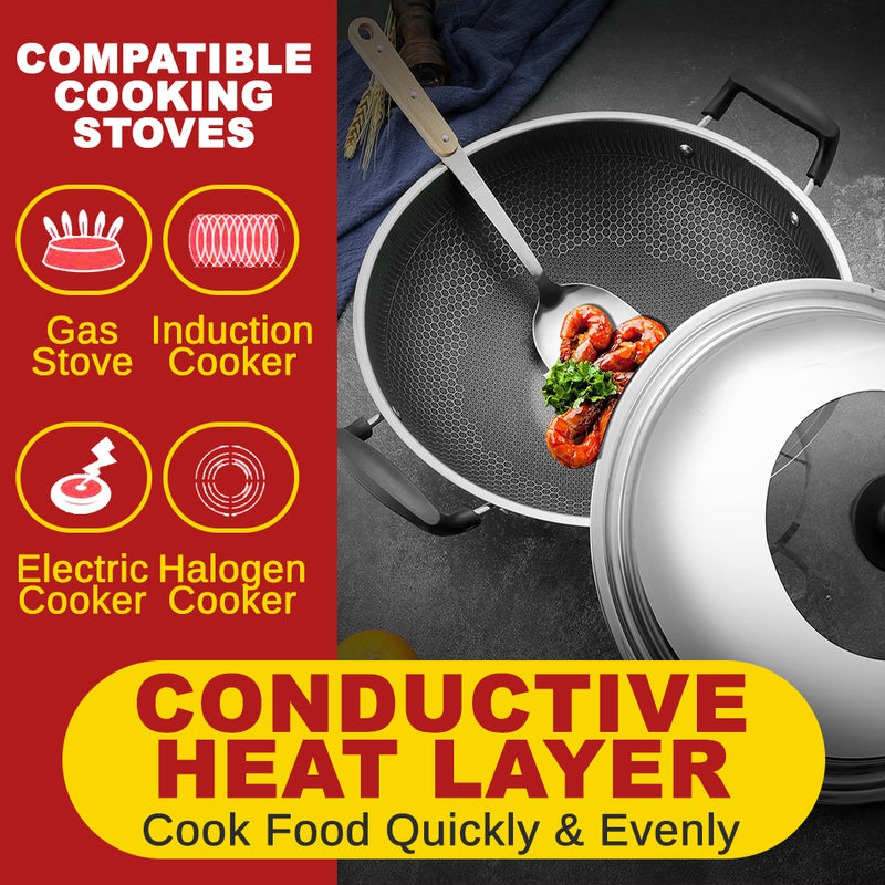 idrop [ 45CM ] Nonstick Honeycomb Kitchen Cooking Wok with Lid Cover / Kuali Masak Tidak Lekat & Penutup Kuali / 45CM双耳不粘炒锅(组合盖 )(304)(厨得乐GDL/COOKWARE)