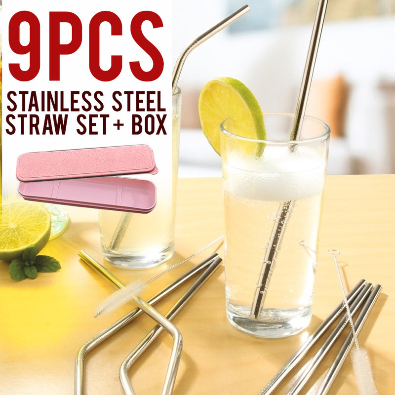 idrop 9PCS Stainless Steel Straw Drinking Set + Portable Carry Box Container