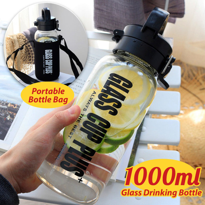 idrop [ 1000ml ] Glass Cup Plus Drinking Water Bottle / Botol Minuman Kaca 1000ML / (锁扣盖)高硼硅玻璃壶带套(水壶
