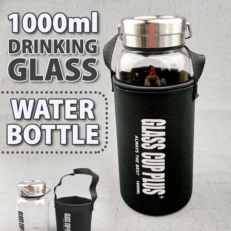 idrop [ 1000ml ] Glass Cup Drinking Water Bottle with Bottle Carry Bag / Botol Air Kaca dengan Beg Botol Mudah Alih / (钢盖)高硼硅玻璃壶带套(水壶)(GLASS CUP PLUS)