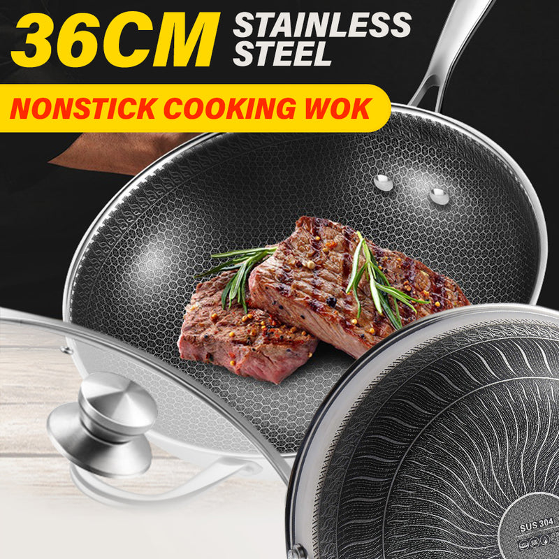 idrop 36CM SUS304 Stainless Steel Nonstick Honeycomb Frying Cooking Wok
