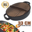 idrop 33CM CAST IRON - Flat Frying Pan Wok with wooden handle