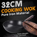 idrop [ 32CM ] Uncoated Pure Iron Kitchen Single Handle Cooking Wok with Wood Cover / Periuk Kuali Memasak Bersama Penutup Kayu / 32CM无涂层纯铁单柄炒锅带木 盖