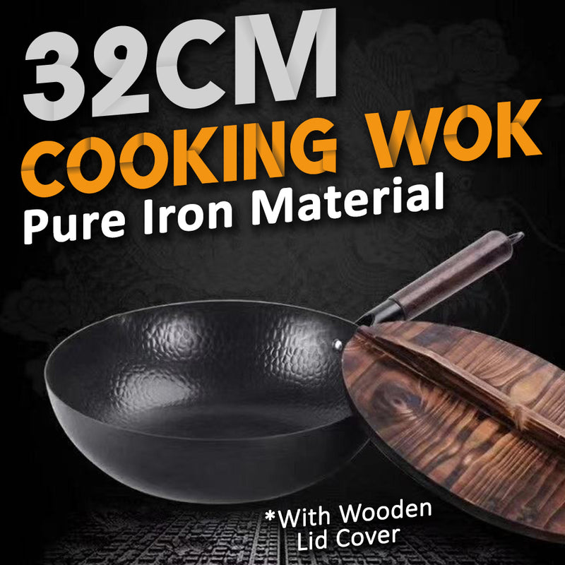 idrop [ 32CM ] Uncoated Pure Iron Kitchen Single Handle Cooking Wok with Wood Cover / Periuk Kuali Memasak Bersama Penutup Kayu / 32CM无涂层纯铁单柄炒锅带木 盖