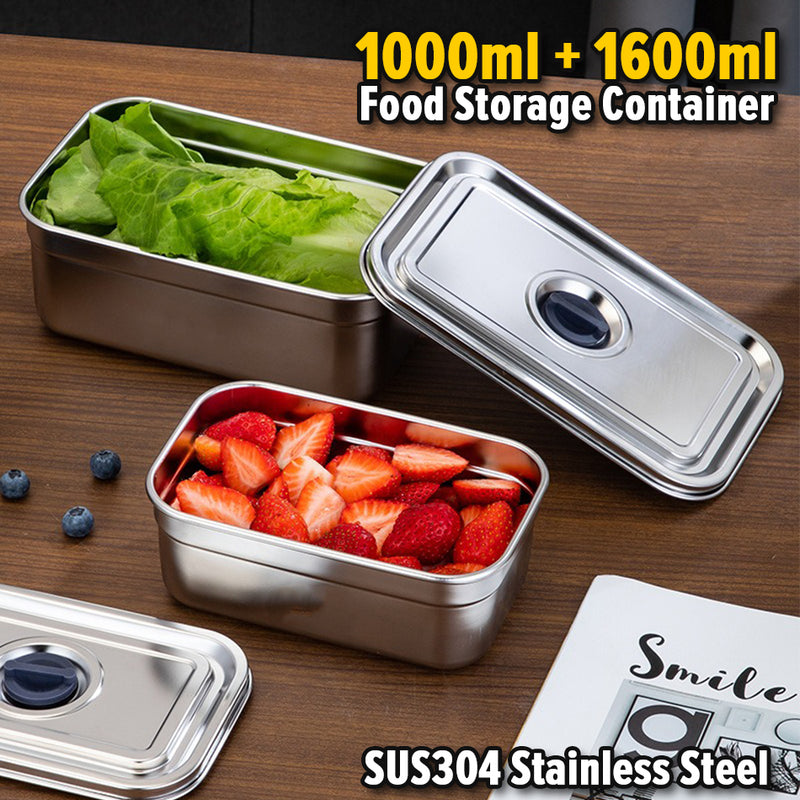 idrop [ 1000ml +1600ml ] SUS304 Stainless Steel Food Storage Fresh Keeping Container Set / Bekas Makanan Keluli Tahan Karat / (1000+1600ML)全钢密封保鲜盒方形2件套 (304)