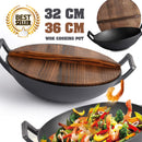 idrop 32CM / 36CM CAST IRON - Wok Cooking Pot with Wooden Lid
