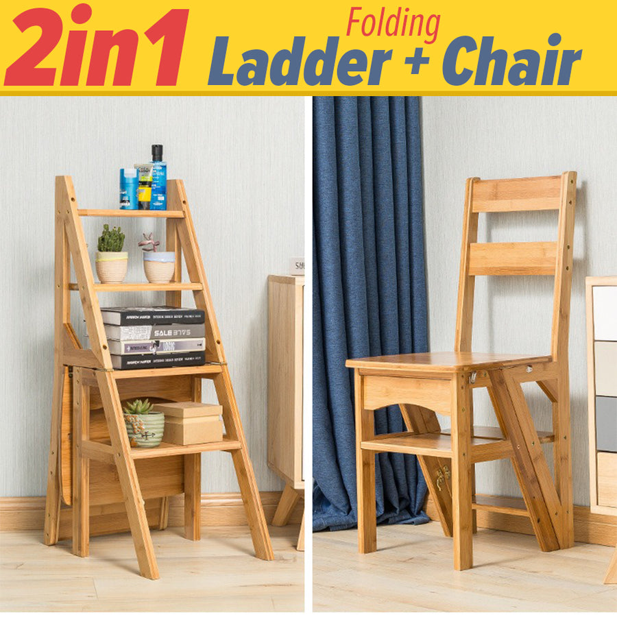 idrop 2 IN 1 Multifunctional Foldable Wooden Chair to 4 Storey Step Ladder Kerusi Kayu dan Tangga 4
