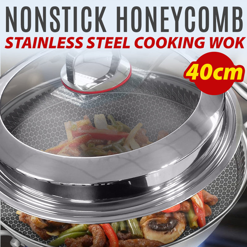 idrop [ 40CM ] Honeycomb Nonstick Stainless Steel SUS316 Cooking Wok with Full Lid Cover / Kuali Memasak Keluli Tahan Karat / 蜂窝不粘不锈钢SUS316炒锅半全盖