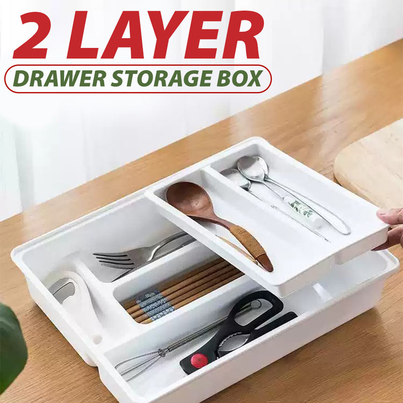 idrop [ 2 LAYER ] Drawer Storage Box Organizer with Multi Compartment / Kotak Penyimpanan Perkakas Dapur / 塑料2层匙叉筷篮 [ 24*31*6.5CM ]