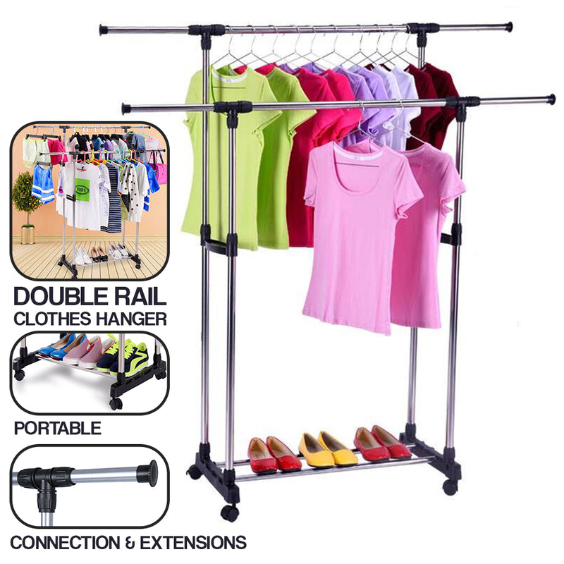 idrop Portable Double Rail Adjustable Garment Hanger Clothes Hanger w/ Wheels