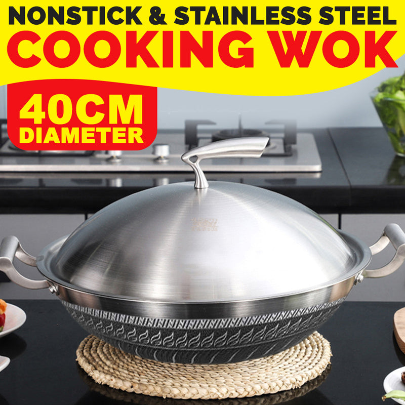 idrop 40CM Kitchen Honeycomb Non Stick Cooking Frying Wok SUS304 Stainless Steel with Lid Cover [ FREE Spatula & Microfiber Towel ]