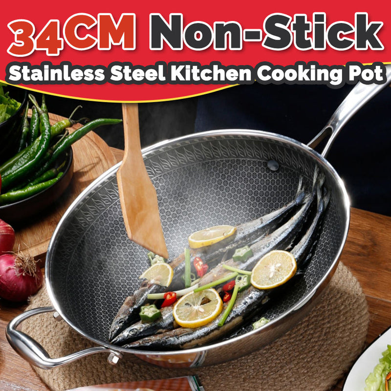 idrop 34CM NON-STICK Honeycomb Stainless Steel Cooking Wok Pot + Lid Glass Cover