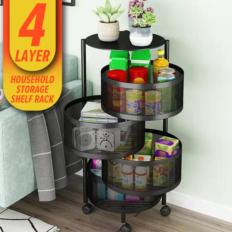 idrop [ 4 LAYER ] Household Kitchen  Storage Iron Basket Mesh Frame Shelf Rack with Wheels / Rak Simpanan Mudah Alih / 4层圆形四轮收纳铁架