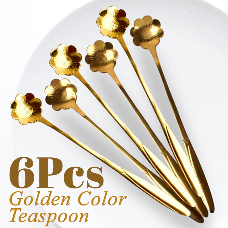 idrop [ 6pcs ] Golden Color Long Handle Floral Teaspoon / Sudu Teh Panjang / (6P/SET)长柄小茶匙(金色)