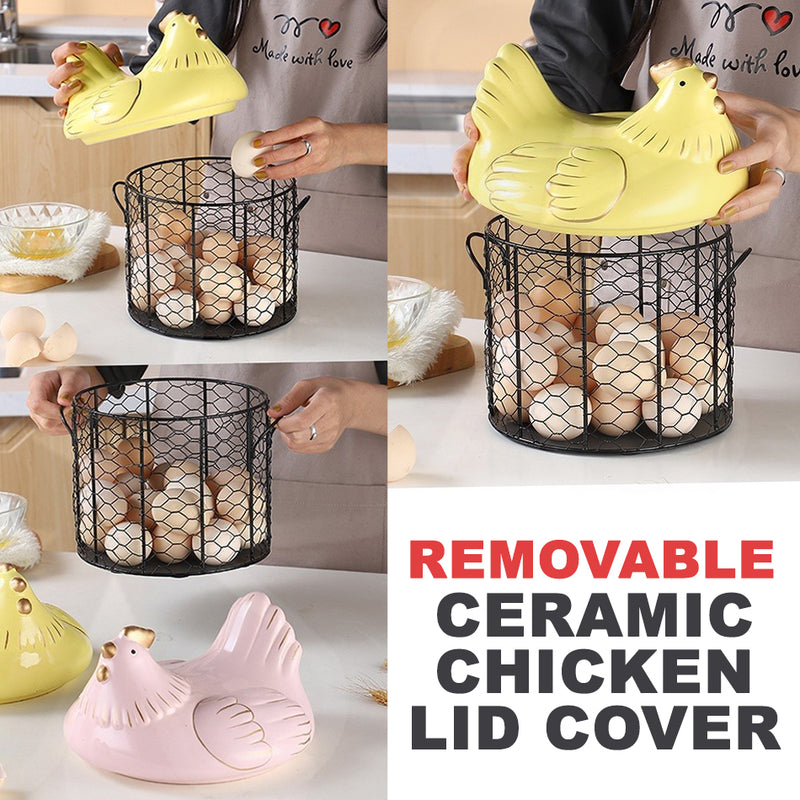 idrop Ceramic Chicken Egg Storage Wire Basket / Ayam Seramik Bekas Penyimpanan Telur / 陶瓷红鸡冠配金色直筒网篮